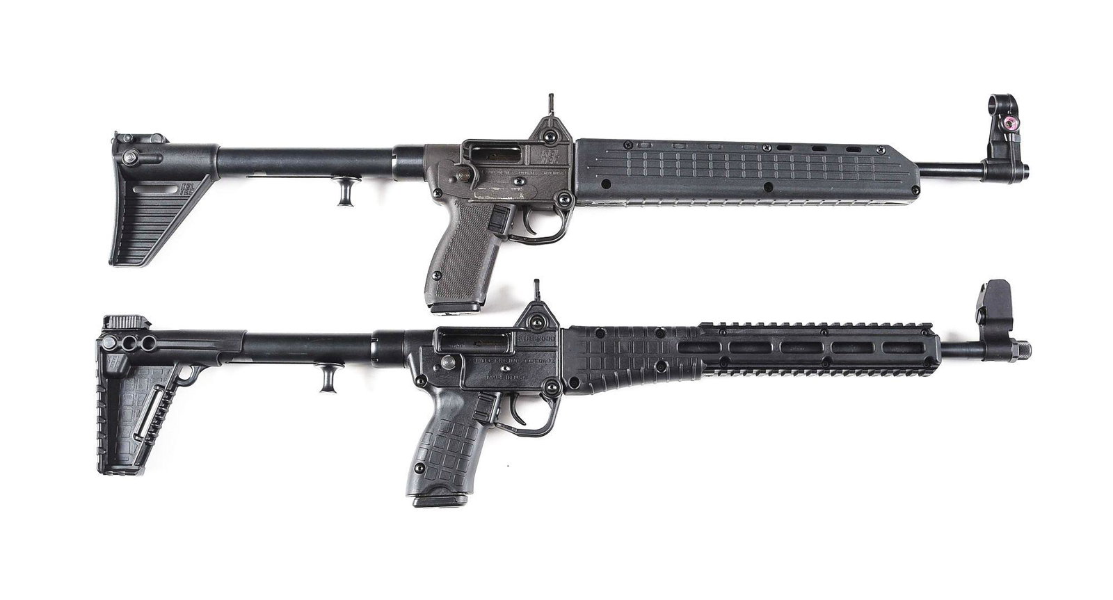 (M) LOT OF 2: KEL-TEC SUB 2000 SEMI-AUTOMATIC CARBINES.: Lot consists of: (A) First generation Kel-Tec Sub 2000 semi automatic carbine chambered in .40 S &W. Standard blued 16" round barrel, hooded high visibility front sight, peep rear sight, folding polym