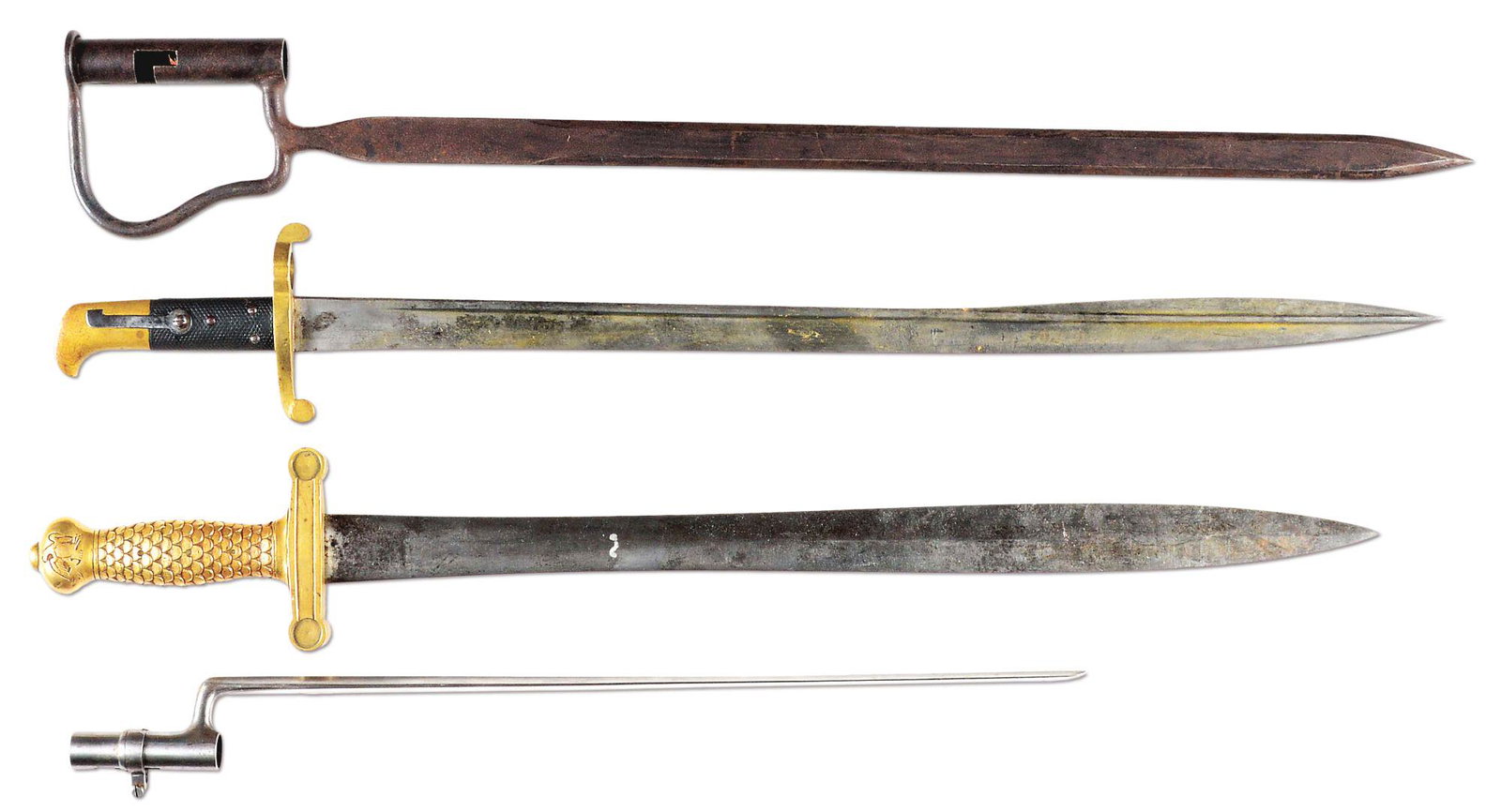 LOT OF THREE BAYONETS AND ONE SHORT SWORD: Lot consists of (A) Unusual tirrup-hilted sword bayonet. Iron socket acts as grip. Flat, straight blade, rectangular transitioning into double-edged with spear point similar to M1847 Sappers and Miner