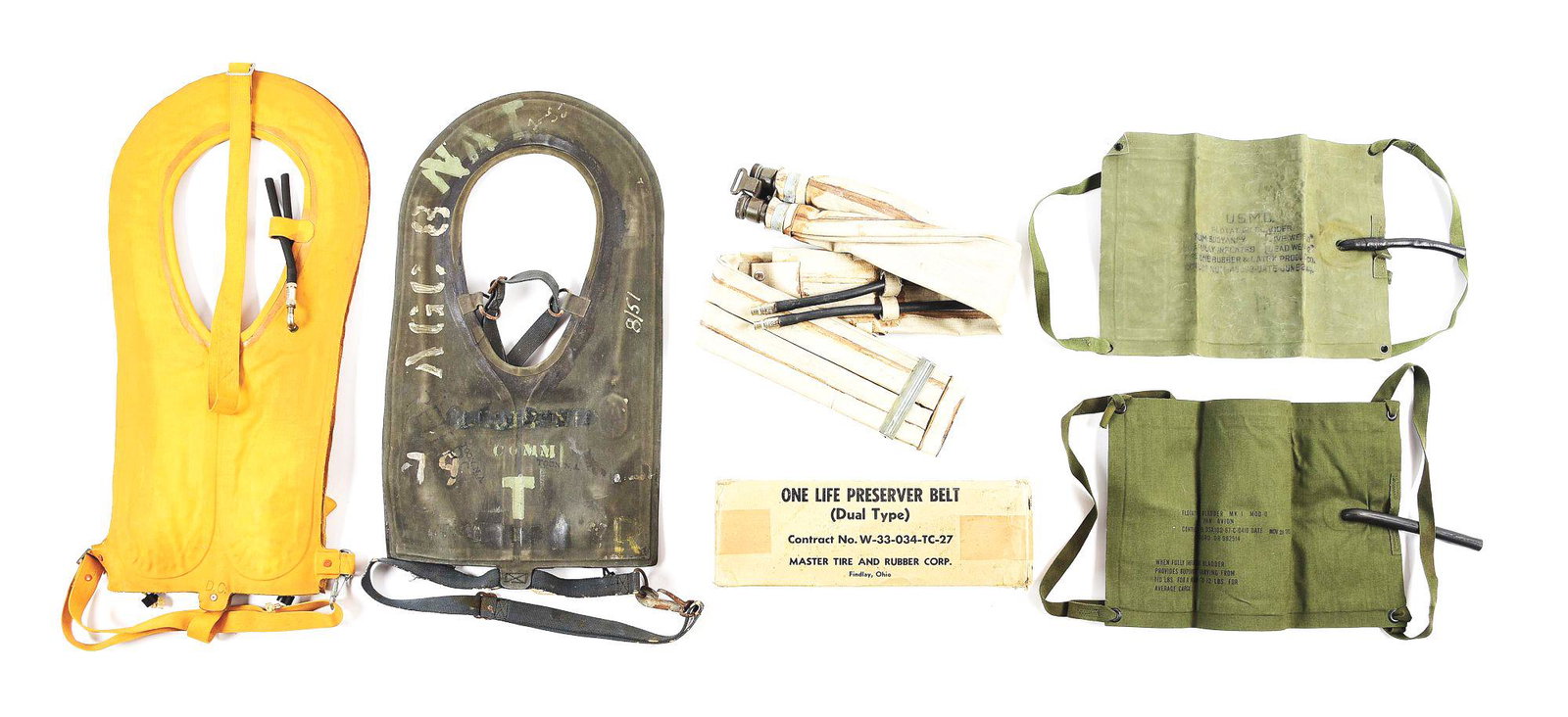 LOT OF 5: 2 WORLD WAR II "MAE WEST" LIFE VESTS, M1926: Lot consists of: (A) World War II New York Rubber Corp. manufactured AN 6519-1 "Mae West" life preserver dated "Aug 1945". This vest has been well preserved and the rubberized canvas remains supple. T