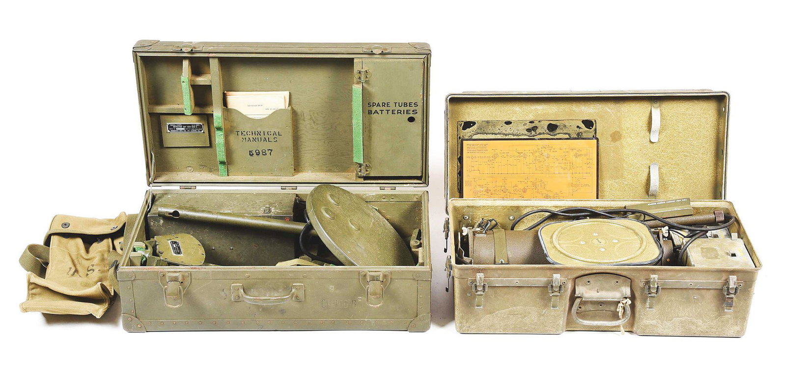 LOT OF 2: WORLD WAR II AND KOREAN WAR ERA MINE DETECTOR: Lot consists of (A) World War II US Army Signal Corps SCR-625-H Mine Detector Set. The set is complete with its manuals that are dated "April 6, 1943" and all of the detector components appear to be i