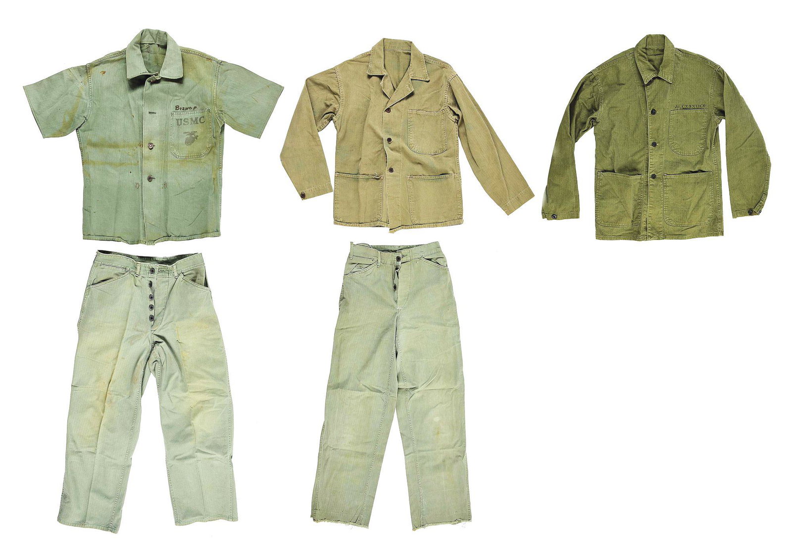 LOT OF 5: USMC P47 JACKETS AND TROUSERS: Lot consists of: (A) Post-World War II USMC P47 fatigue jacket with cut sleeves named to "Bishop" over the top pocket. The jacket has mismatched metal and correct USMC metal buttons. Faded USMC stamp 