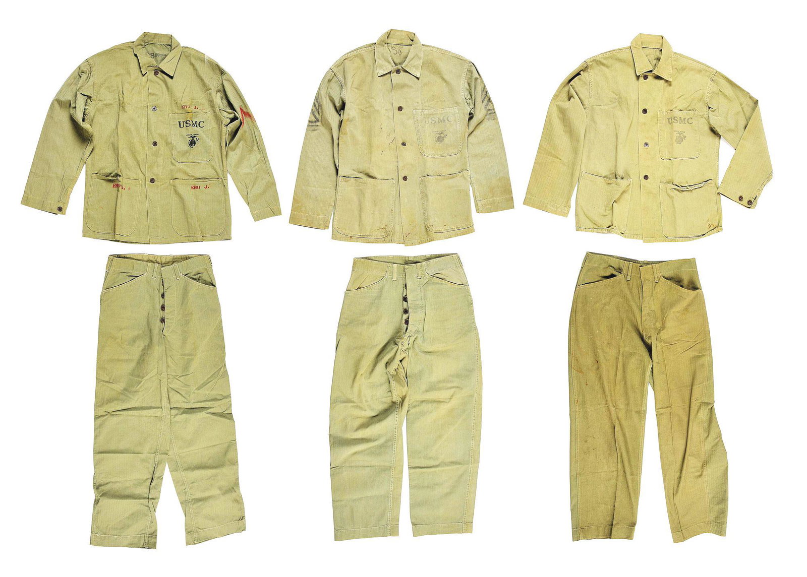 LOT OF 6: WORLD WAR II USMC P41 FATIGUE JACKETS AND: Lot consists of (A) World War II USMC P41 fatigue jacket marked size 38 and dated "May 29, 1944" with partial ID on all pockets. The jacket retains all of its original USMC marked metal buttons. Crisp