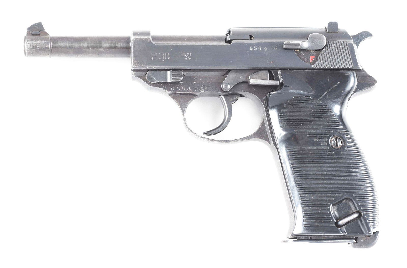 (C) GERMAN WORLD WAR II MAUSER "BYF/44" CODE P.38: Standard configuration P.38 manufactured by Mauser in 1944. Metal components are salt blued, with some smaller components in the white. Left side of receiver is marked "P.38" followed by "byf/44" and 