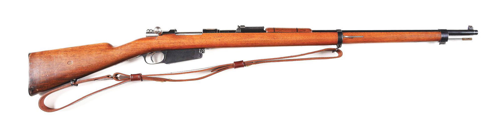 (A) FINE LOEWE ARGENTINE MODEL 1891 MAUSER BOLT ACTION: Produced by Loewe Berlin prior to 1897 for Argentina in 7.65x53mm. Blued 29" round barrel, blade front sight, rear ladder sight graduated to 2000 meters, receiver crest ground off, and a 2-piece walnu