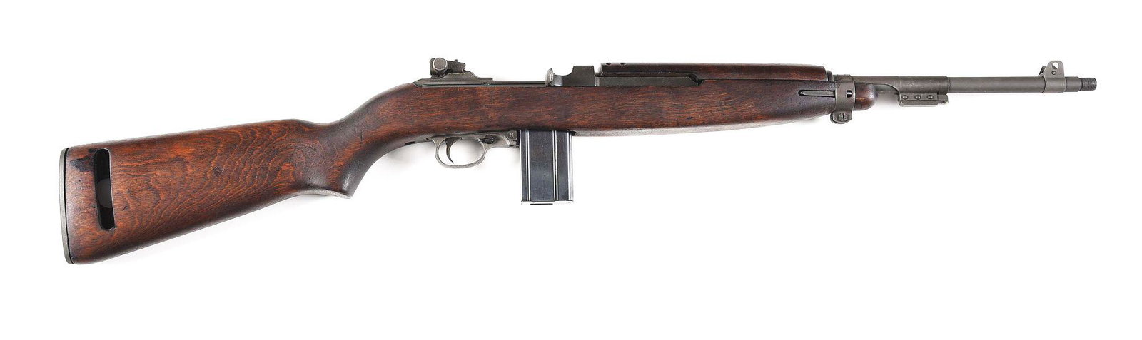 (C) NATIONAL POSTAL METER M1 CARBINE SEMI-AUTOMATIC: M-1 Carbine built by National Postal Meter between November 1943 and June 1944. Interesting Parkerized finished barrel with threaded muzzle for unknown attachment. Barrel marked under slide "SA 54" (r