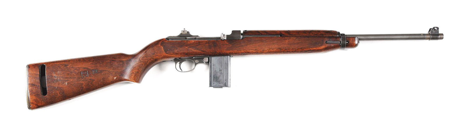 (C) SAGINAW STEERING GEAR M1 CARBINE SEMI-AUTOMATIC: Saginaw Steering Gear, S'G' "Prime" M1 carbine semi automatic rifle. Made late summer 1943 at Saginaw Steering Gear in Grand Rapids Michigan. No import mark found. Barrel is marked "UNDERWOOD" and is 