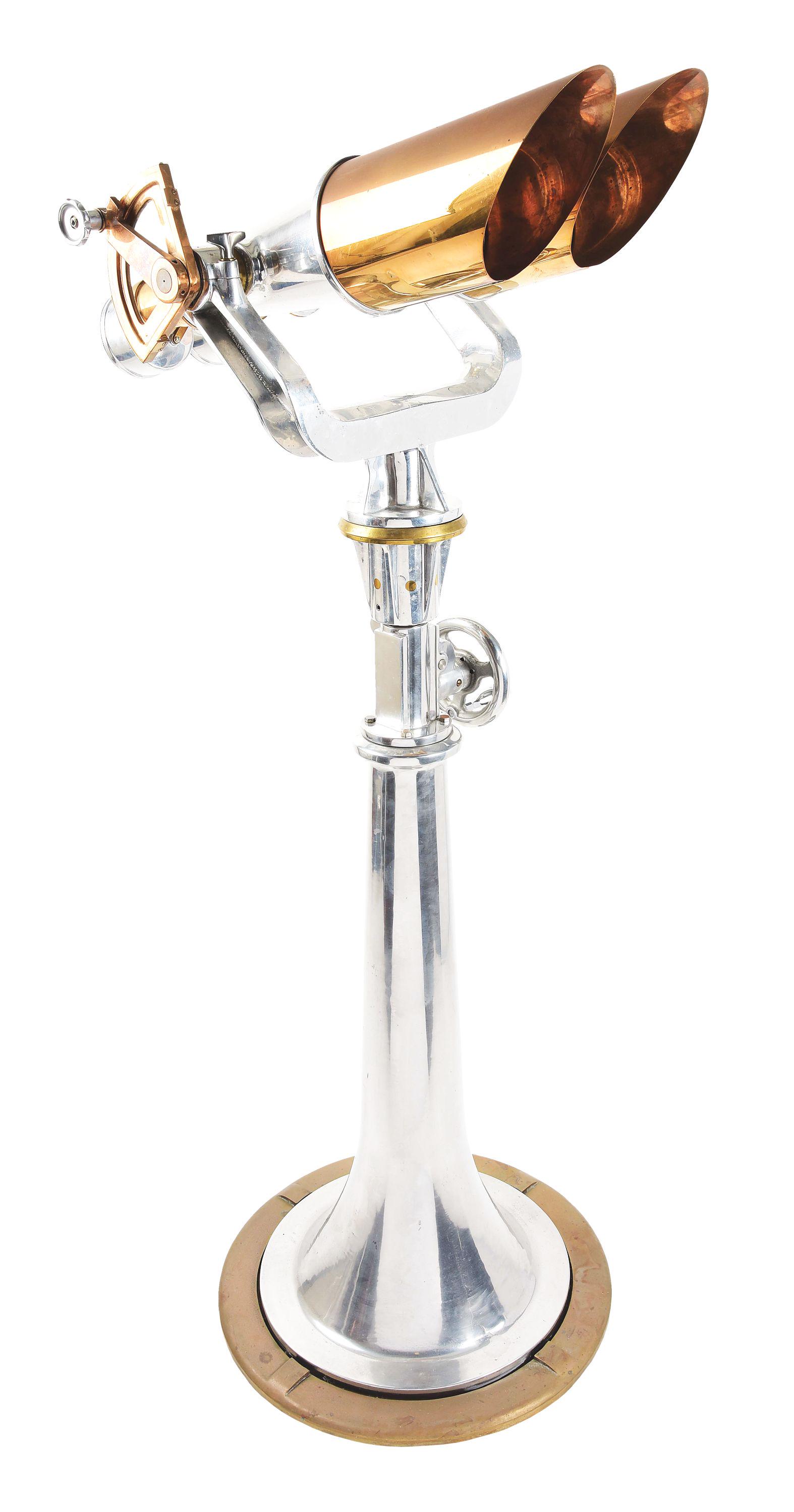 JAPANESE WWII 20 X 3 SHIP BINOCULARS ON US NAVY MOUNT.: World War II Japanese "big eye" ship binoculars on a US Navy pedestal mount. The binoculars are marked "Nippon Kogaku / Tokyo". Today this company is better known as Nikon. The mount is marked "A21 BU