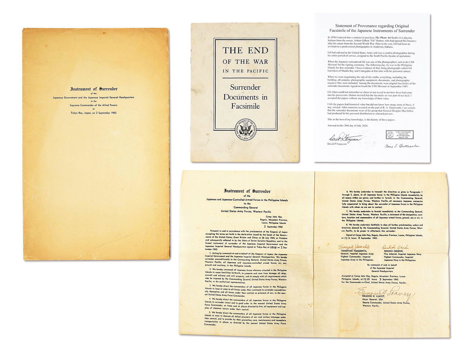 ATTRIBUTED WORLD WAR II JAPANESE SURRENDER DOCUMENTS IN: Official facsimiles of the documents related to the unconditional surrender of Japan at the end of World War II that are attributed to Arthur Gilbert Hutton who was a combat photographer in the US Arm