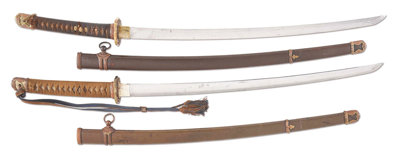 LOT OF 2: 2 JAPANESE WORLD WAR II SHIN GUNTO SWORDS,: Lot consists of (A) Ubu nakago. Shin gunto with army mounts and signed on nakago. Tsuba with florals at corners. Plain habaki. Menuki in the form of florals. Sword has been heavily buffed, hamon is es