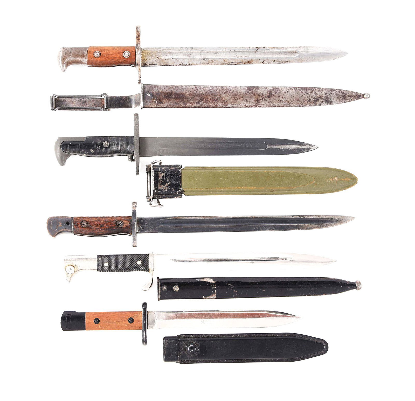 LOT OF 5: PRE-WORLD WAR I-COLD WAR BAYONETS.: Lot consists of (A) US Krag rifle bayonet and scabbard. The bayonet is stamped 1899 on the ricasso. The blade has a good edge with a dull tip. The metal is smooth, with slight pitting, and shows evide