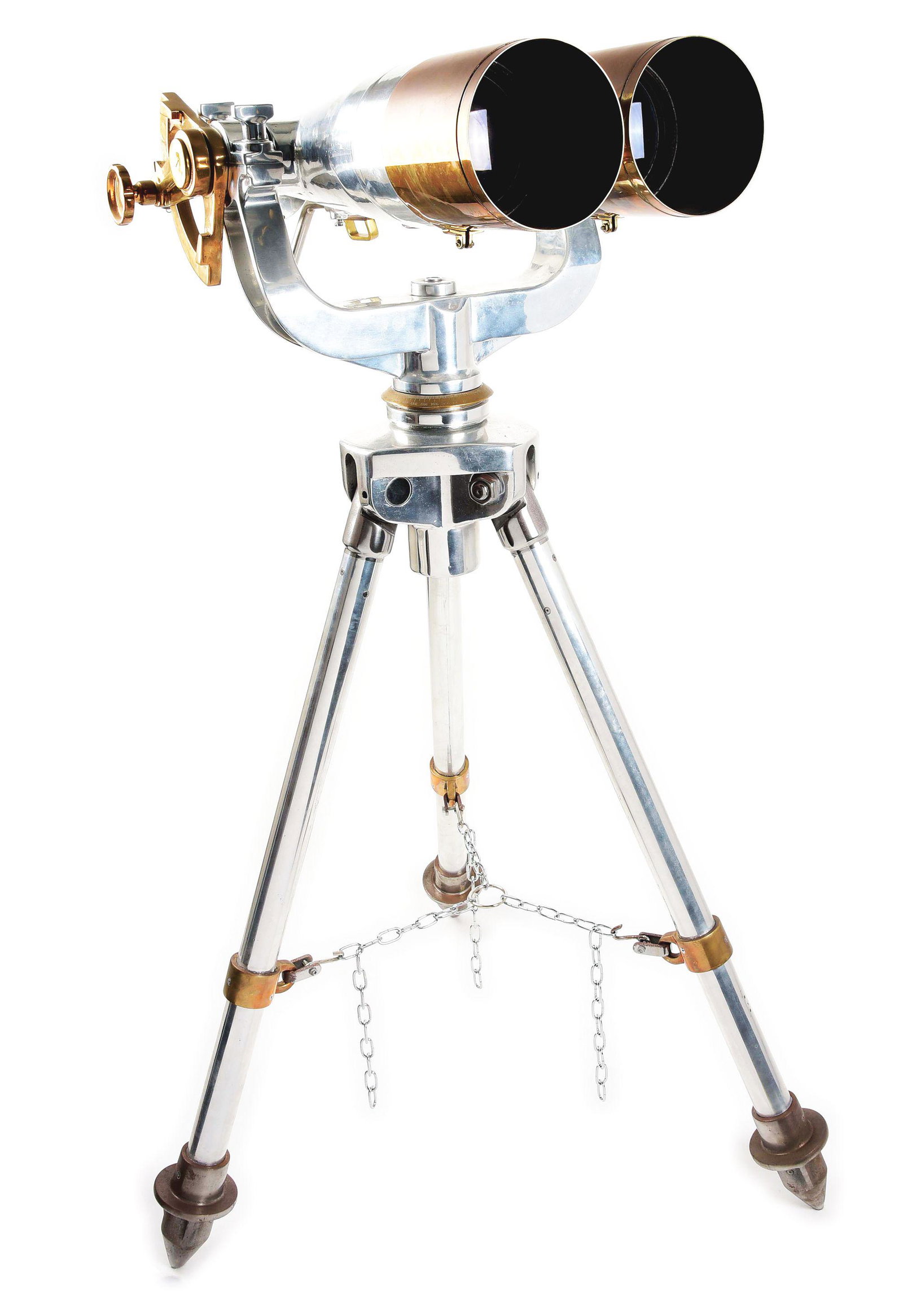 US WWI-WWII ERA COAST ARTILLERY BINOCULARS.: World War I- World War II era "big eye" binoculars on a coast artillery tripod. The binoculars and tripod are unmarked and are constructed of polished steel with brass lens shields and adjustments. Th