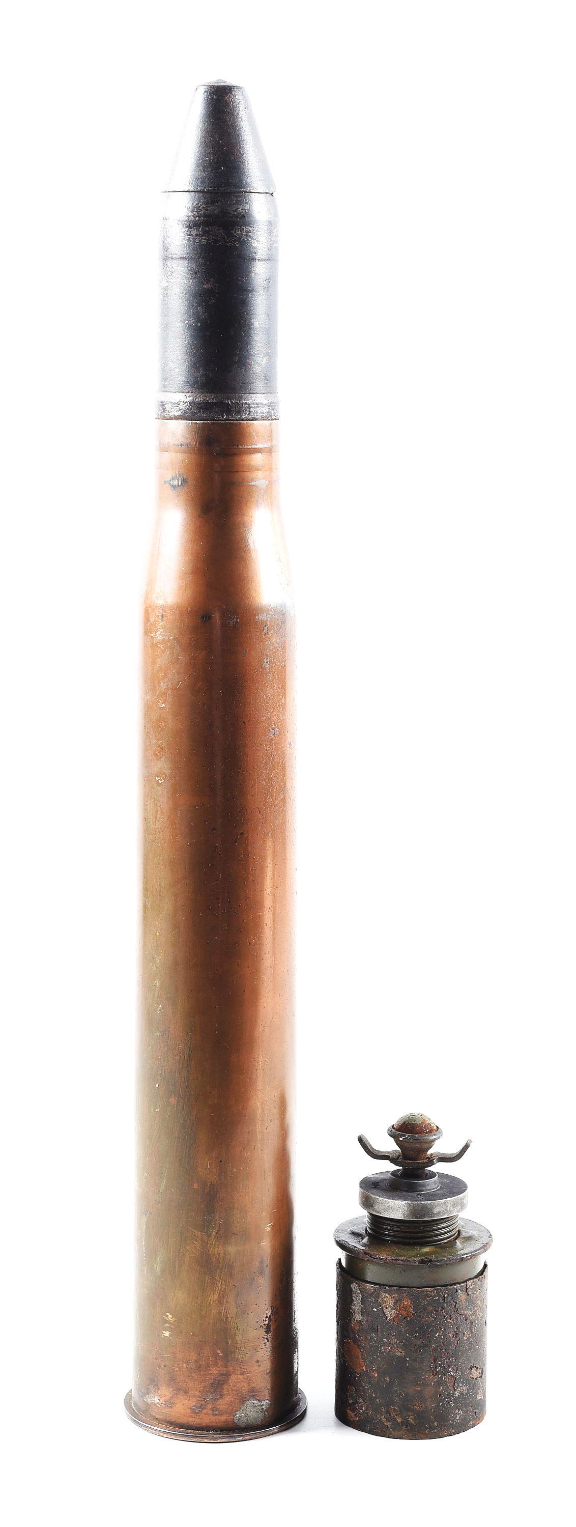 LOT OF 2: GERMAN WORLD WAR II DEACTIVATED 5CM ANTI-TANK: Lot contains: (A) 50mm PAK38 armor piercing anti-tank round with a brass casing marked "5cm Pak", "Eagle WaA638", "va43", and "6360 St". Primer assembly is present and marked "byw", "41", and "C/12 nA