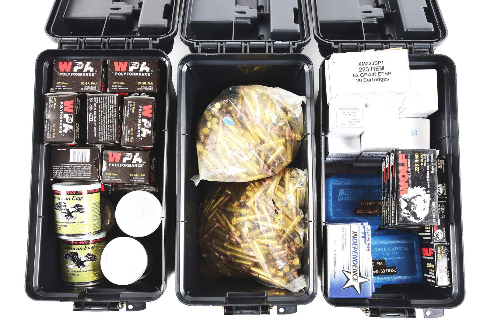 LOT OF 3: AMMO BOXES OF MIXED .223 & 5.56MM AMMUNITION,: Approximately 1800 rounds of mixed .223 and 5.56x45mm ammunition, mostly 62 and 55 grain, by Wolf, American Eagle, Independence, and PPU. Approximately 500 rounds are in loose bags and marked for prod