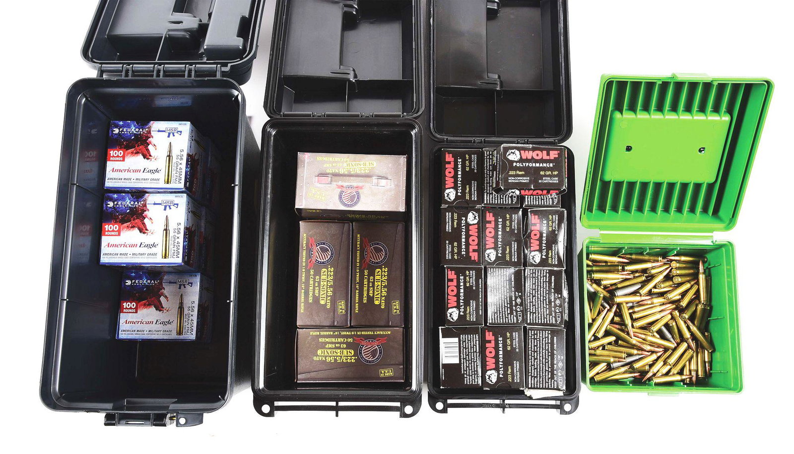 LOT OF 4: AMMO BOXES OF MIXED .223 & 5.56MM AMMUNITION.: First plastic ammunition crate includes 5 boxes at 100 rounds each Federal American Eagle 5.56 x 45mm 55 grain FMJ. Second plastic ammunition crate includes 5 boxes at 50 rounds each Founding Fathers 