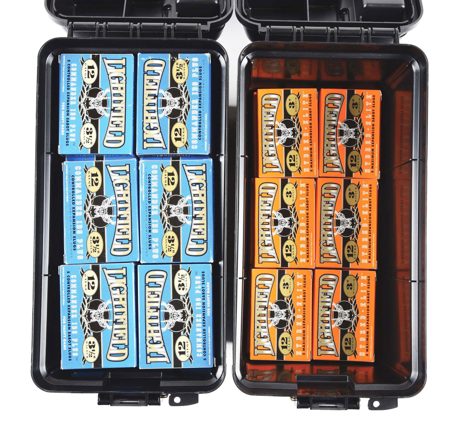 LOT OF 2: AMMO BOXES OF 12 BORE SABOT AMMUNITION.: First plastic ammunition crate includes 48 boxes at 5 rounds each Lightfield 12G Commander Ids Plus 3 - 1/2" Magnum. Second plastic ammunition crate includes 24 boxes at 5 rounds each Lightfield Hybre