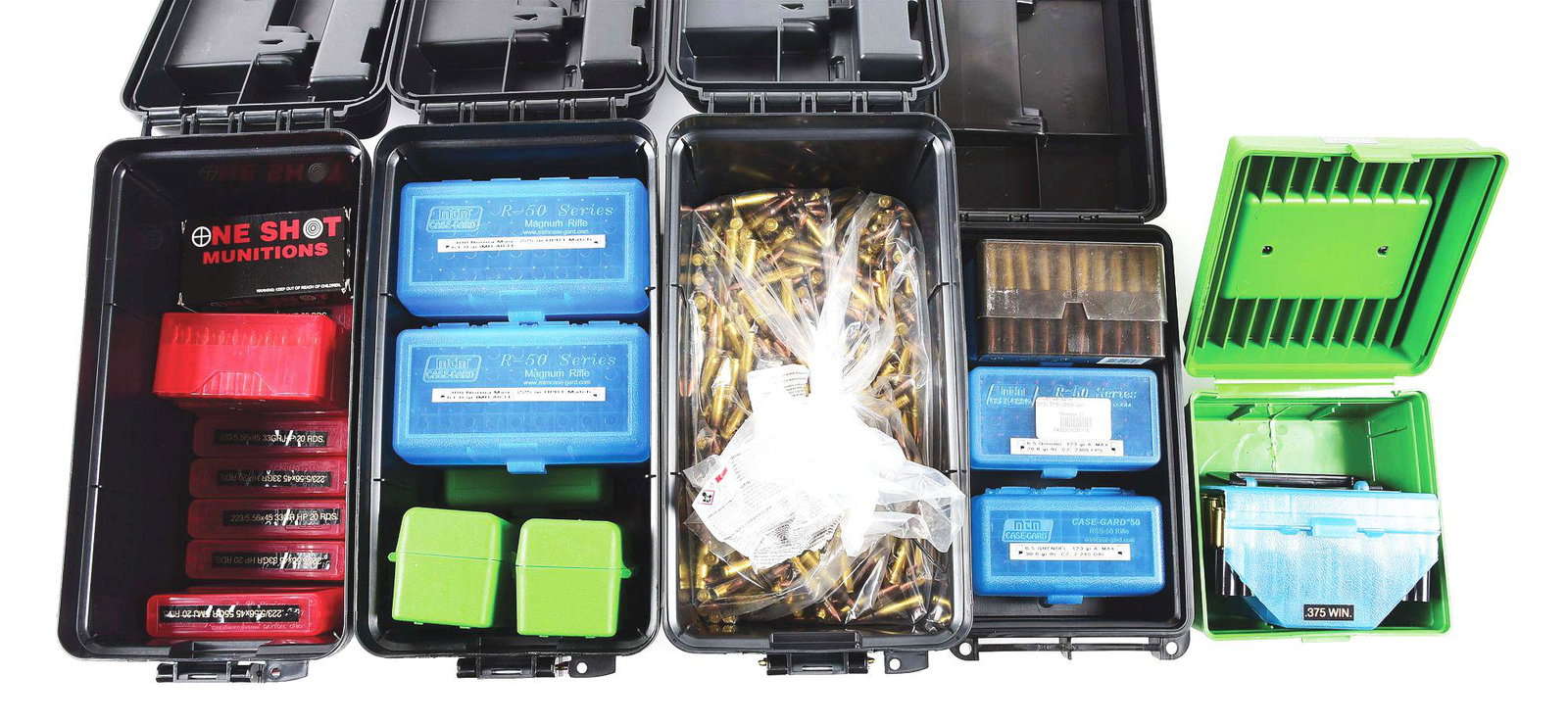 LOT OF 5: AMMO BOXES OF SMALL BORE AMMUNITION.: The first plastic ammunition container includes 300 rounds of 7.62x39, and 73 rounds of .308, and 26 used .308 shells. Second plastic ammunition container includes 6 containers 20 rounds each .223/5.5