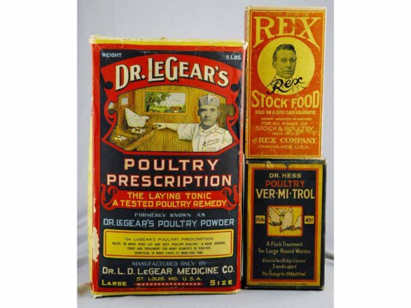 Lot of 3: Cardboard Product Boxes.: Includes Rex, Vermitrol and Dr. LeGear's. Range: 8" - 14" T.