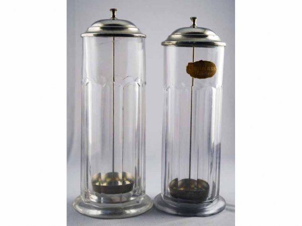 Lot of 2: Ice Cream Store Straw Containers.: Glass with metal tops and straw retriever. One with a base chip. 12" T.