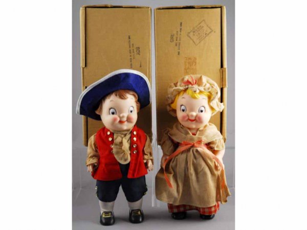 Lot of 2: Promo Mail-Order Campbell Kids Dolls.: Circa 1970s. Dolls are vinyl with original clothing and order sheets. Original hat for boy dolls. Unused. Each: 10 - 1/2" L.