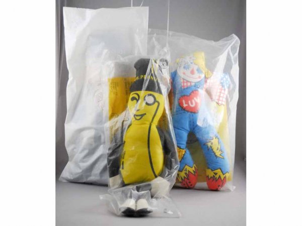 Lot of 5: Promotional Give-Away Character Dolls.: All sealed in original packages and unused. Mail-in's include Jolly Green Giant and Sprout, Tropicana hula dancer, Jack Frost, Scarecrow and Planter's Mr. Peanut. Largest: 24" L.
