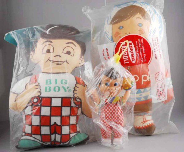 Lot of 5: Food Related Advertising Dolls.: Mail-In's including two Bob's Big Boys, one Ronald McDonald, one Eskimo Pie and one Dolly (a Big Boy character). All sealed in original bags and unused. Largest: 15" T.