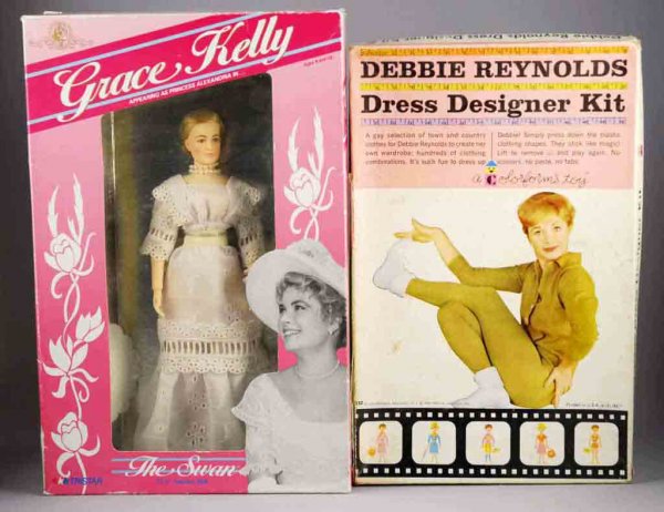 Lot of 2: Grace Kelley & Debbie Reynolds Items.: Includes unused Grace Kelley "the Swan" 11 - 1/2" fashion doll in original box with a nice picture of Grace Kelley in the right-hand corner. Also includes Debbie Reynolds Colorform Kit marked "1960." 