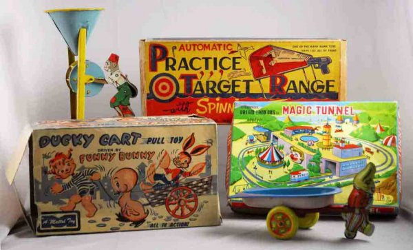 Lot of 5: Assorted American & Japanese Made Toys.: Includes Wyandotte Happy Easter Cart pulled by rabbit, Chein Monkey Sand Toy, Marx Practice Target Range with original box, Mattel Funny Bunny Duck Cart with original box and a Japanese TPS Magic Tunn