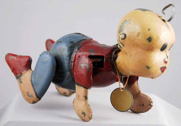 Early Hand-Painted Buttercup Crawling Baby Toy.: German. Original tag that says "Buttercup" by J. Murphy. Hand-painted with original head piece. Appears to have some spots of repaint and paint loss. 8" L.