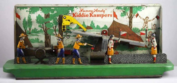 "Sunny Andy" Kiddie Kampers Sand Toy.: Nice lithography. Moderate overall scratching and wear. When sand is placed on Kampers all move back and forth. 13" L.