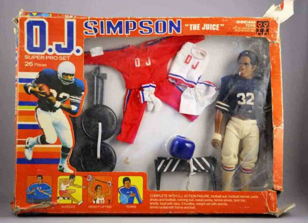 Japanese OJ Simpson Super Pro Action Figure Set.: Circa 1970s. Made by Shindana Toys Japan. Includes OJ figure football and training equipment. Nice picture of OJ on the front of the box carrying a football. Unused condition but box has tears and cre