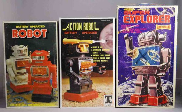Lot of 3: Battery-Operated Robot Toys.: Includes all original boxes. Working. Includes Action Robot, Super Explorer and Robot. Boxes have some creasing. All: 11" T.