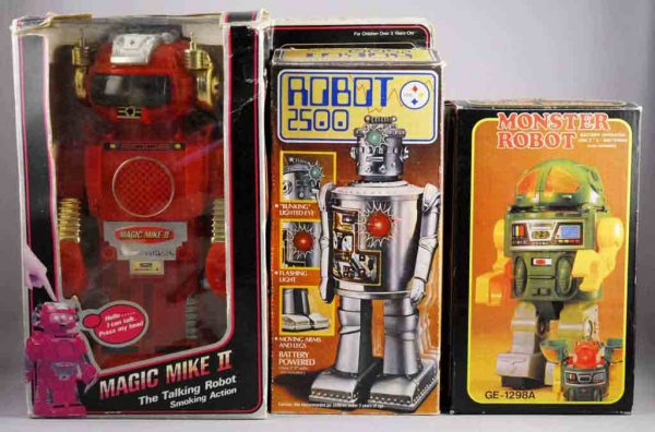 Lot of 3: Battery-Operated Robot Toys.: Includes Magic Mike talking robot, Monster Robot, and Robot 2500. Working. All: 11" T.