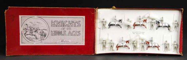 Britains Knights of the Middle Ages Soldier Set.: 15 figures in set consists of 5 knights on horseback and ten knights holding lances. Includes original box with beautiful label showing a knight on horseback and original insert. Box is missing partia