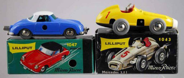 Lot of 2: Schuco Toy Micro Racers Liliput Cars.: Includes 1047 Porsche and 1043 Mercedes. Both have original keys and are in working condition. Later replicas. Each: 4" L.