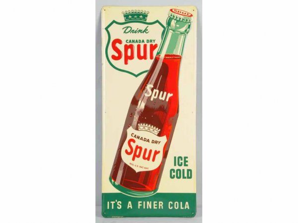 Embossed Tin Spur Bottle Sign.: 1940s. Clean and bright with only a few very minor edge marks. 30" x 13 - 1/2".