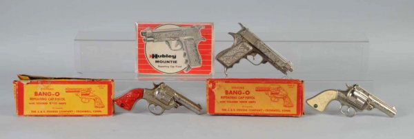 Lot of 3: Cap Gun Toys with Boxes.: Includes two Bang-O cap guns by J. & E. Stevens in their original boxes and one Hubley Mountie. Largest: 8" L.