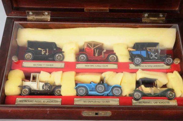 Matchbox Models of Yesteryear Cars.: Includes original wooden display case and original box. Comes with six old-time cars from a contemporary limited edition set. 15 - 1/2" x 9 - 1/2" x 5".