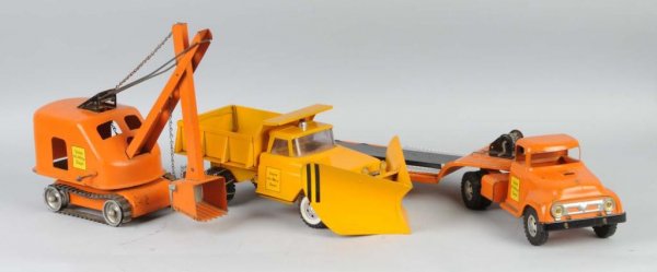 Lot of 2: Pressed Steel Tonka Vehicle Toys.: American. Includes State Highway Department tractor trailer with steam shovel in rear and State Highway Department bulldozer truck, which has been repainted. Largest: 27" L.