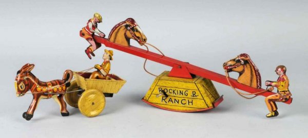 Lot of 2: Tin Litho Wind-Up Toys.: American. Working. One is a Courtland Rocking Ranch and one Marx Bulky Mule. Largest: 17 - 1/2" L.