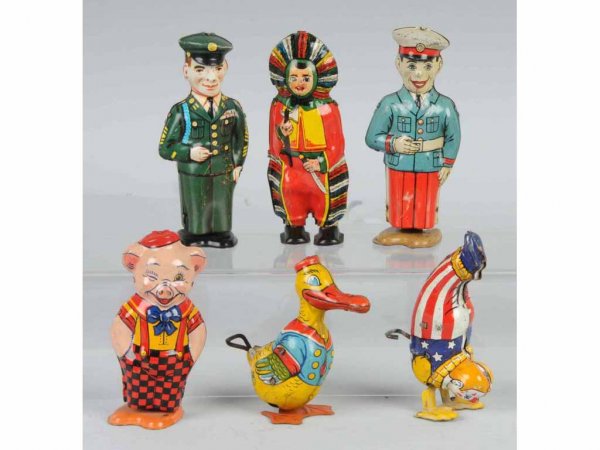 Lot of 6: Tin Chein Wind-Up Toys.: Working. Includes two animals and four people. Some scratching and wear. Largest: 5 - 1/2" T.