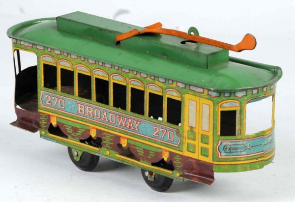 Tin Chein Broadway Trolley Toy.: American. Original pull. Excellent lithography. 8" L.
