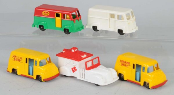 Lot of 5: Plastic Van Toys.: American. Made by Ideal. Two are friction and three are push toys. Some have opening doors. Largest: 5 - 1/2" L.
