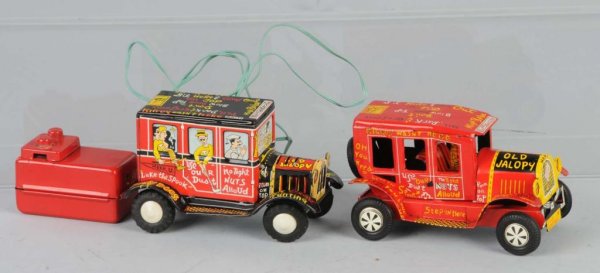Lot of 2: Tin Jalopy Car Toys.: Includes one friction and one scarce battery remote operated. Battery cable is torn off but present. Nice lithography throughout. Each: 5" L.