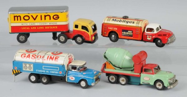 Lot of 4: Tin Litho Vehicle Toys.: Japanese. Working. Includes two gasoline trucks, one cement mixer, and one moving van. Nice lithography throughout. Largest: 9" L.