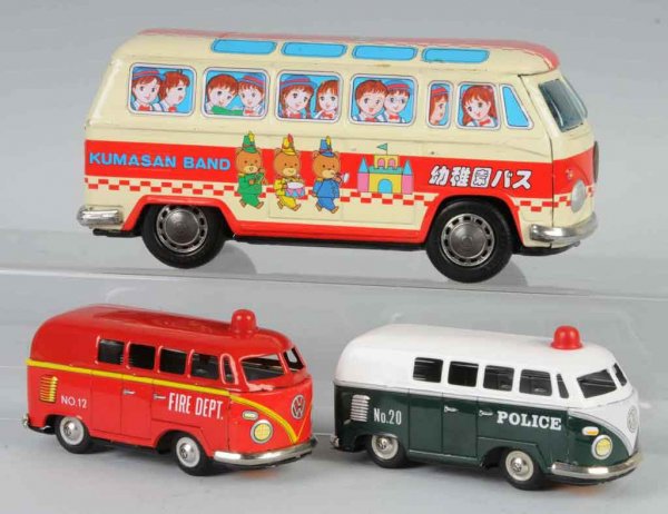 Lot of 3: Tin Bus Friction Toys.: Japanese. Working. Includes Volkswagen Police, Volkswagen Fire, and Volkswagen Van. Largest: 10" L.