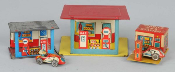 Lot of 3: Tin Gas Station Toys.: Japanese. Two include small jet race cars. Nice, colorful lithography throughout. Largest: 2 - 1/4" x 4".