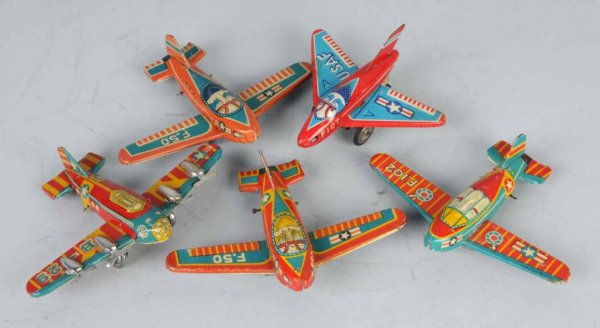 Lot of 5: Tin Litho Airplane Toys.: Japanese. One is friction and working. Nice, colorful lithography. Each: 3" x 4- 1 /2".