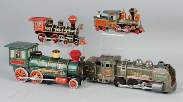 Lot of 4: Tin Litho Train Friction Toys.: Japanese. Working. All steam locomotive types. Nice lithography throughout. Largest: 14 - 1/2" L.