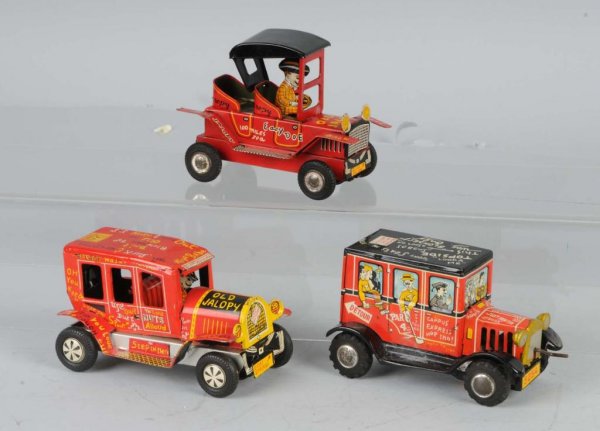 Lot of 3: Tin Jalopy Friction Toys.: Japanese. Working. Two with drivers. Each: 4 - 1/2" L.
