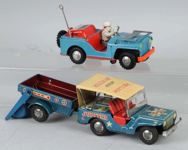 Lot of 2: Tin Jeep Friction Toys.: Japanese. Working. Includes one Jupiter Tandem and one United Nations. Nice lithography on Jupiter Jeep. Largest: 12 - 1/2" L.